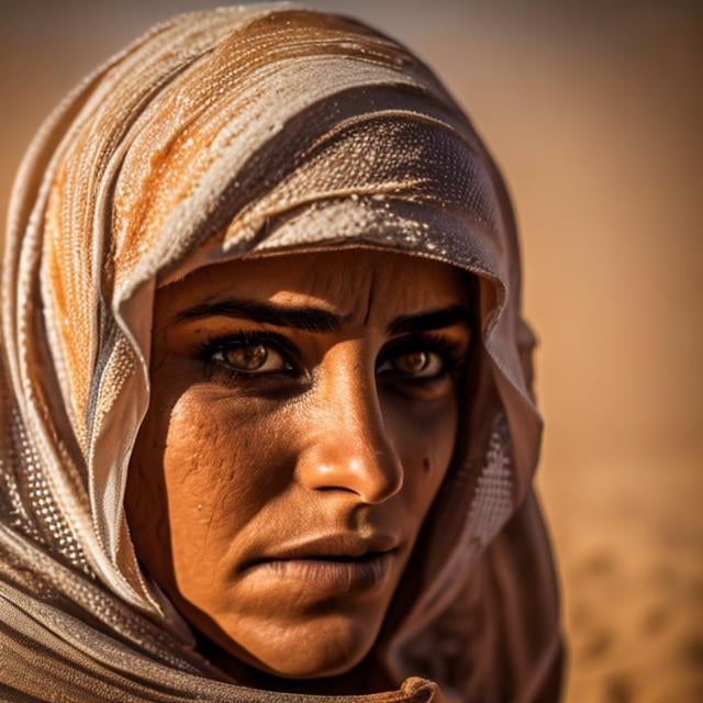 Prompt: close up, portrait one Bedouin handsome woman wander trough a heavy sandstorm. the sun creates rays trough the particles and sand dust. sharp focus. sand. storm. desert. colorful. strong winds. eye contact. 4k realistic photo  