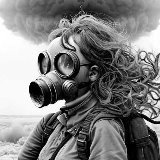 Prompt: atomic bomb explosion, female, sandstorm, black gas mask, hyper detailed, wavy hair, thunderstorm. sharp focus, 4k photos like glen allison and Sam Haskins