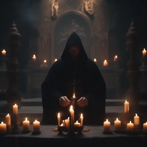 Prompt: a medieval monk in black robes doin a demonic ritual. devils. demons. background large candle lit temple. Chiaroscuro. Elegant, ethereal, graceful. 4k realistic photo  