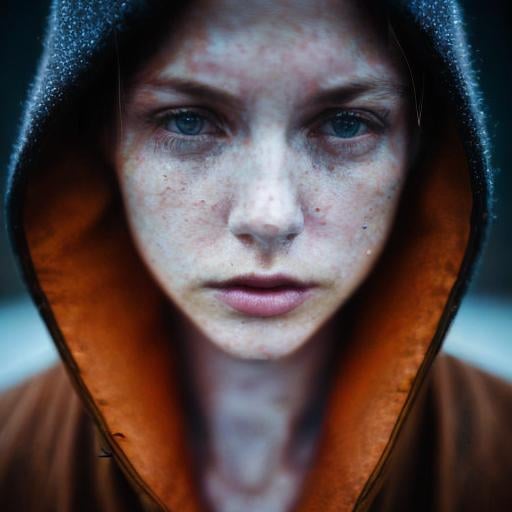 Prompt: close up photo of sad girl in the light rain. portrait, slow-motion, colorful sharp focus, caustic light, art by artgerm and greg rutkowski, Lee Jeffries.