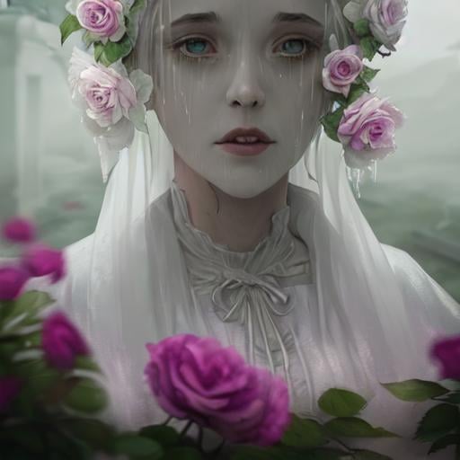 Prompt: close up portrait lady in white ghost walking around tombstones, fantasy, sharp focus, horror, high detail, movie composite, low fog,  wild roses. artstation. colorful tears