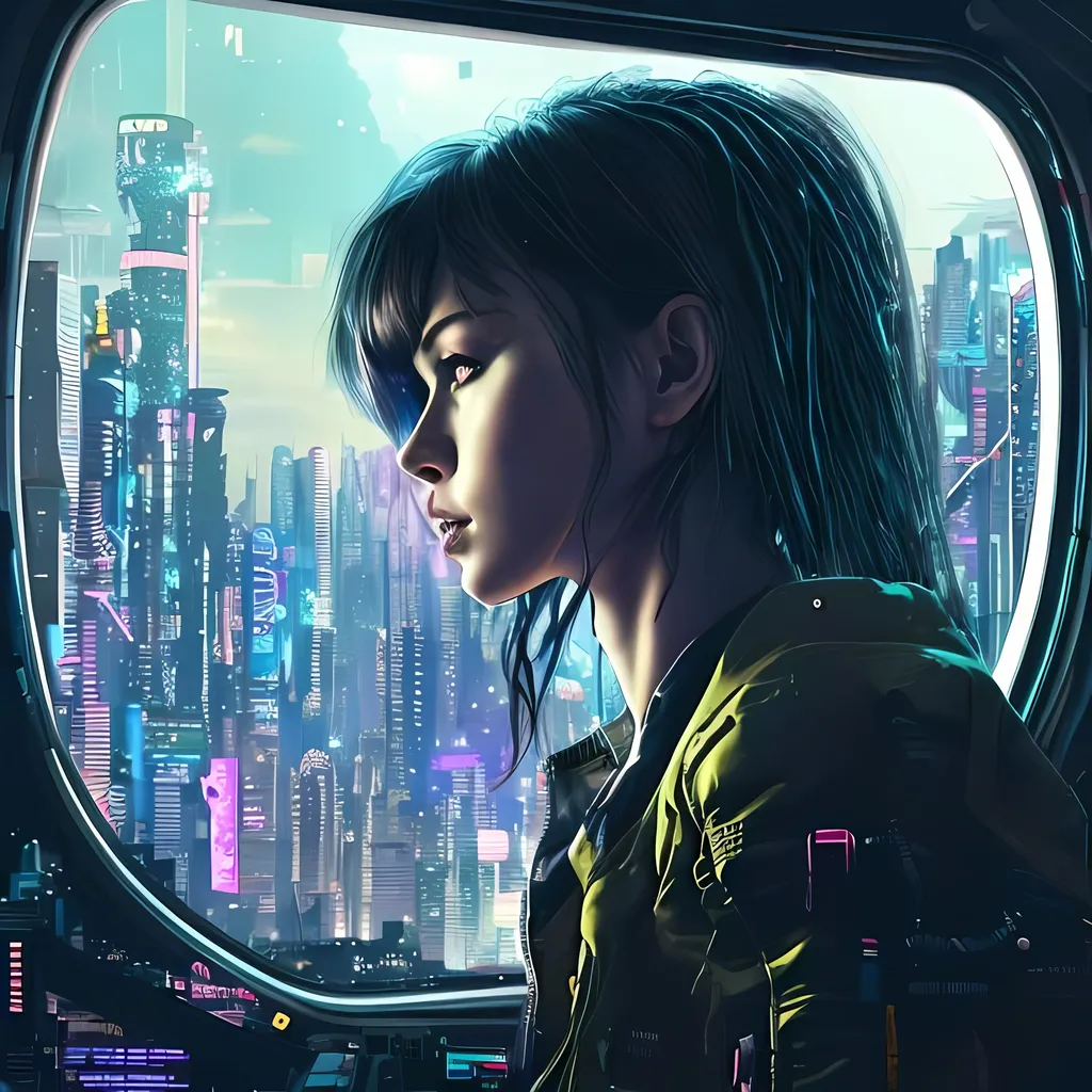 Prompt: cyberpunk girl  inside a hover taxi looking out the window. background dark night cyberpunk city. highly detailed.  4k realistic photo, like Sam Haskins and Robert Mapplethorpe