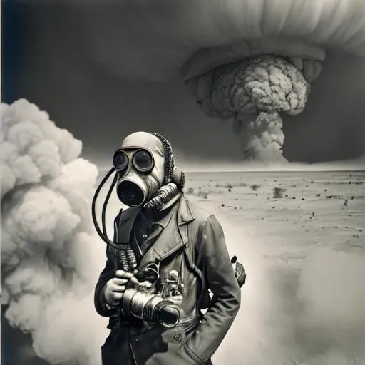 Prompt: atomic bomb explosion, man, sandstorm, gasmask, high detail, thunderstorm. sharp focus, 4k photos like glen allison and Sam Haskins