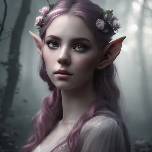 Prompt: Masterpiece portrait of elf female, their gaze locked directly into the camera. ethereal. roses. misty morning background, pink sunlight filtered through tree branches, roses and lily. mist. fog. sharp focus. high details. 4k photo. backlight.