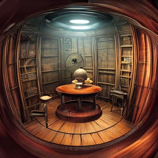 Prompt: big round mechanical laboratory tesla room with a book from the game myst on old wooden desk, ink well, feather,  highly detailed, sharp focus, riven, uru, exile, myst island, dni