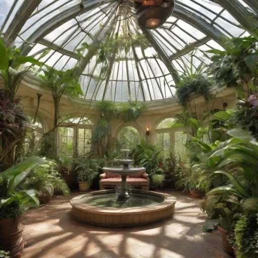 Prompt: round indoor greenhouse, dome glass roof. tropical vines and reaching plants growing from ground up to the roof. center has a small waterfall fountain feature with bench. orchid plants.  All sides has connection doorways leading into the luxury mansion.