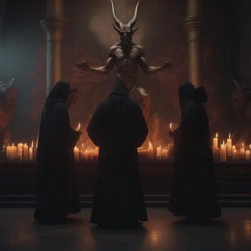 Prompt: a medieval monks in black robes doin a demonic ritual. devils. demons. background large candle lit temple and in the back a statue of baphomet. codex gigas. Chiaroscuro. Elegant, ethereal, Satan, Lucifer, Beelzebub, Mephistopheles, Iblis . 4k realistic photo  
