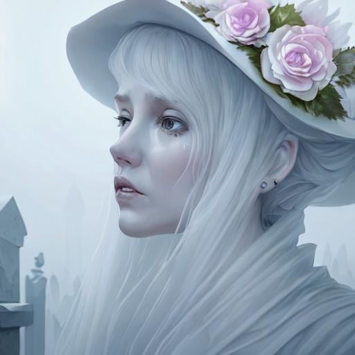 Prompt: close up portrait lady in white ghost walking around tombstones, fantasy, sharp focus, horror, high detail, movie composite, low fog,  wild roses. artstation. colorful tears