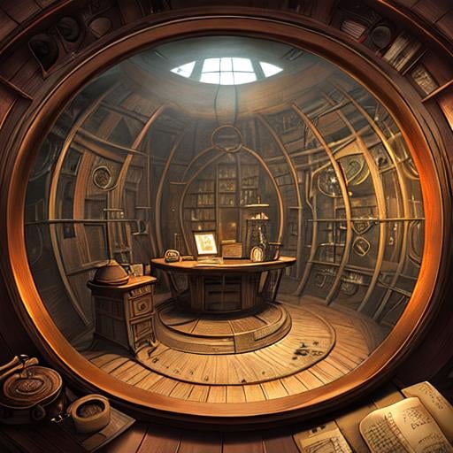 Prompt: big round mechanical laboratory tesla room with a book from the game myst on old wooden desk, ink well, feather,  highly detailed, sharp focus, riven, uru, exile, myst island, dni