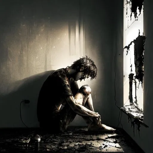 Prompt: man in agony sitting in a dark corner, room is old and burnt, ashes rain down.  lamp on the wall lights up the room.  hyper detailed.  emotional, gritty, darkness, fading, sharp focus.