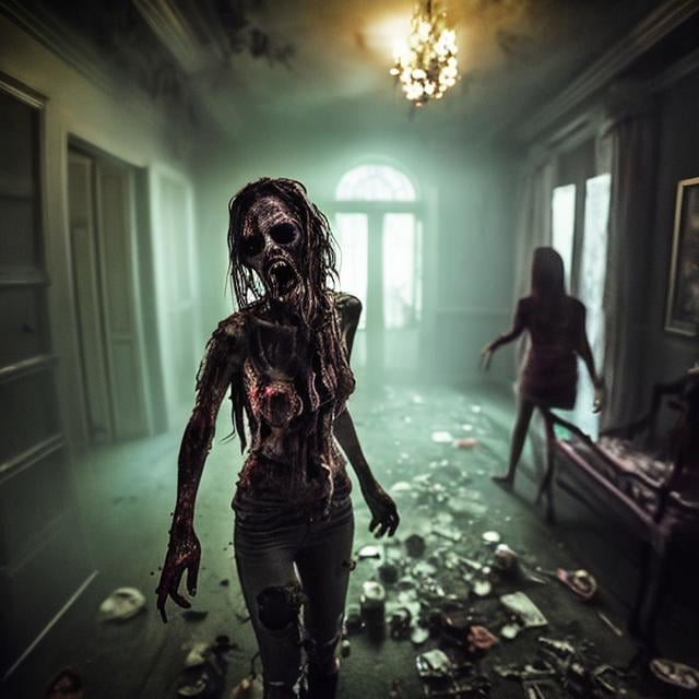 Prompt: many zombie women chasing camera inside a modern mansion. molting decay. rotten. rigamortis . bacteria. greased. mold. mist. darkness. horror. low light. fog. colorful. highly detailed 
