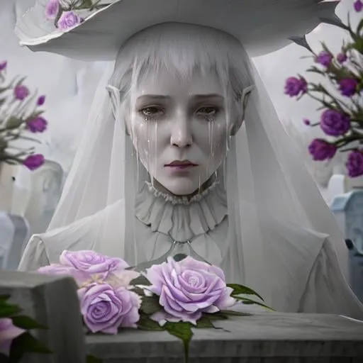 Prompt: close up portrait lady in white ghost walking around tombstones, fantasy, sharp focus, horror, high detail, movie composite, low fog,  wild roses. artstation. colorful tears