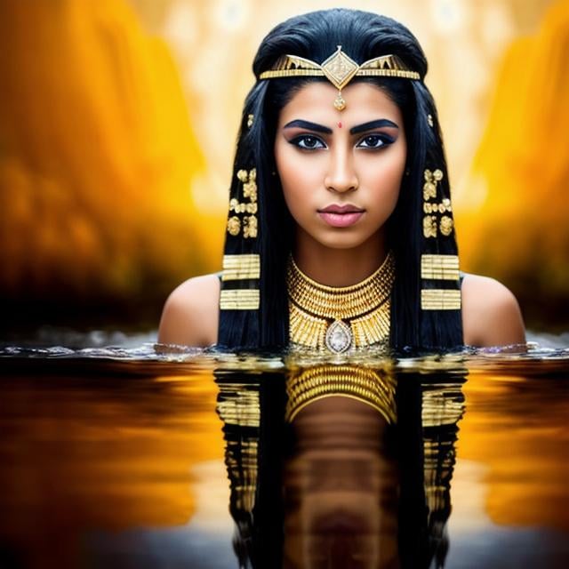 Prompt: Imagine a stunning 4K portrait photo capturing pharaoh princess water reflection
