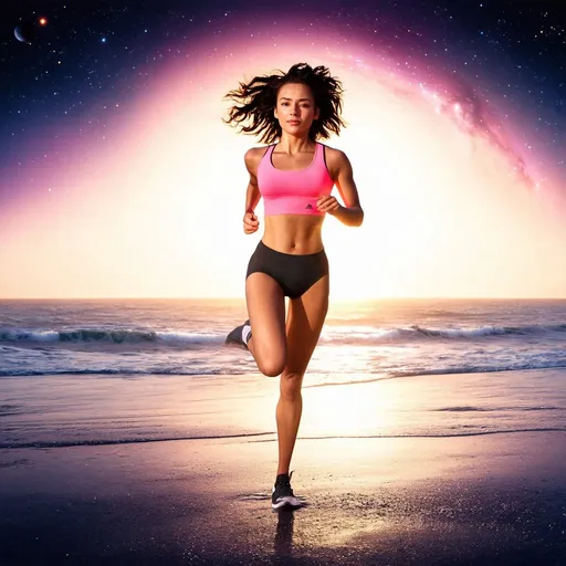 Prompt: Women in short spandex running on a wide beach, full colorful universe on the horizon, morning sunrise.  wavy hair sensual pose in mid air. sharp focus. stars and planets. full reflection glare.  adidas ad poster.  close up. 