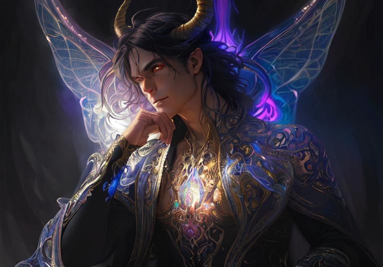 Prompt: up close portrait of a handsome demon wearing lit up futuristic highly detailed clothing, sitting in yoga pose surrounded by fairies, mist, sharp focus, light rays. Art by artgerm and greg rutkowski and alphonse mucha