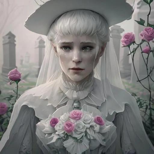 Prompt: close up portrait lady in white ghost walking around tombstones, fantasy, sharp focus, horror, high detail, movie composite, low fog,  wild roses. artstation. colorful tears