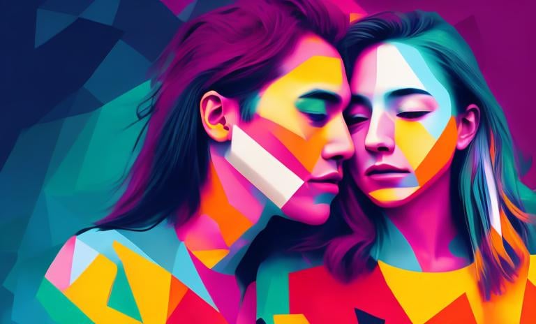 Prompt: make into a poster , couple hugging portrait colorful, sharp focus, 4k