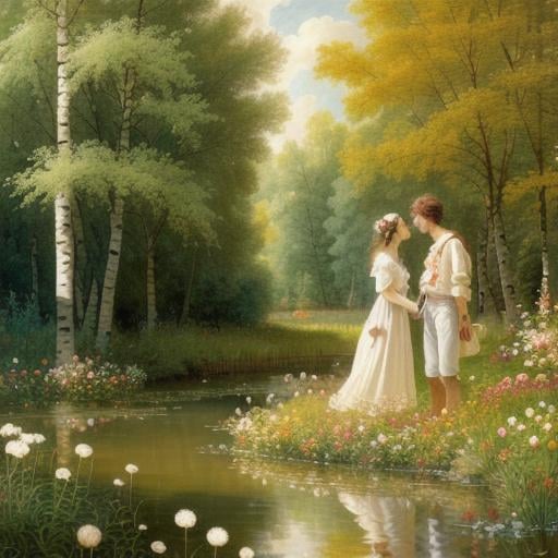 Prompt: midsummers glade with a posing couple in love.   4k.  wavy hair. transparent white clothes. swedish summer flowers. pond. birch trees.  realistic painting. sharp focus. sharp details. dandelion. highly detailed. As painting by Jean-Honoré Fragonard.