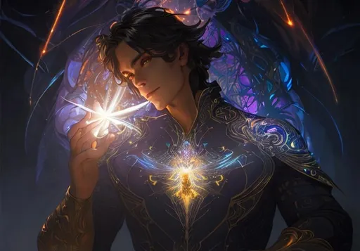 Prompt: up close portrait of a handsome demon wearing lit up futuristic highly detailed clothing, sitting in yoga pose surrounded by fireflies, mist, sharp focus, light rays. Art by artgerm and greg rutkowski and alphonse mucha