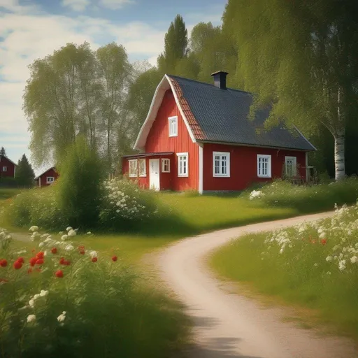 Prompt: go back in time and take a 4k photo of a typical red swedish farmers main house in 1940. its midsummer, lush with flowers and berry bushes. fresh cut grass. birch trees. warm colors. sharp focus. idyllic. side house a little barn. gravel trail. flagpole.  Astrid Lindgren