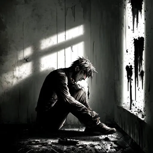 Prompt: man in agony sitting in a dark corner, room is old and burnt, ashes rain down.  holding a gun.  hyper detailed.  emotional, gritty, darkness, fading, sharp focus.