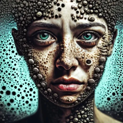 Prompt: close up portrait with a female distorted with Trypophobia all over her face. highly detailed. fear. sharp focus.  repetitive patterns, clusters of small holes. 4k photo.