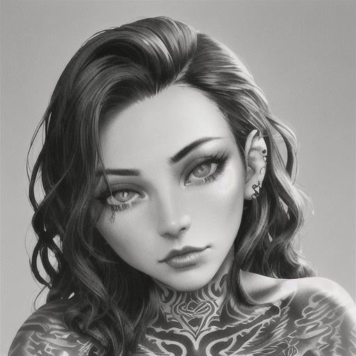 Prompt: close up portrait handsome woman, girl looks at the viewer. hyper detailed. tattoos, piercing,  wavy hair. emotional, horney look, lustful, 4k realistic photo