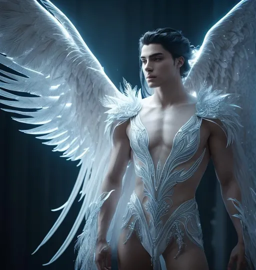 Prompt: mirror reflecting a male angel. ethereal intricate white wings. feathers. blue haze 

Elegant, ethereal, graceful,

HDR, UHD, high res, 64k, cinematic lighting, special effects, hd octane render, professional photograph, studio lighting, trending on artstation. 
