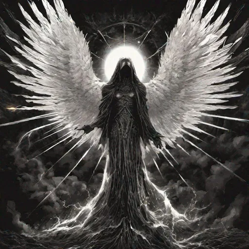 Prompt: dark black void, from the skies comes down a single beam of angelic light.