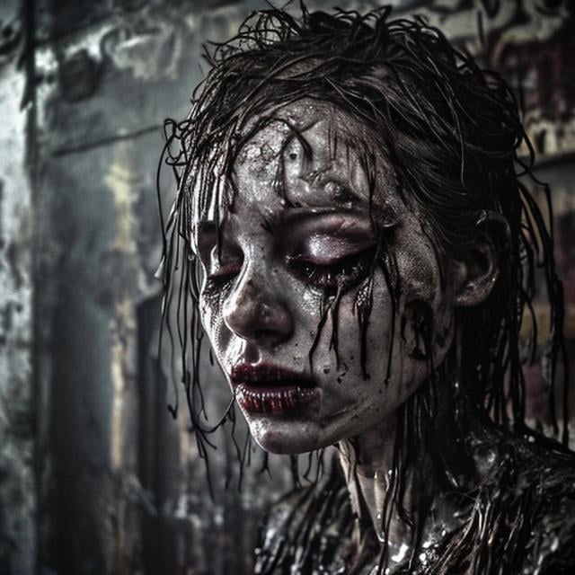 Prompt: close up of a dead women. molting decay. rotten. alleyway. rigamortis . bacteria. greased. mold. mist. light rain. mud. darkness. horror. low light. fog. dark corner. 