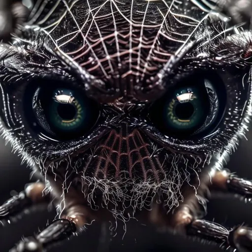 Prompt: black horror spider with eyes that reflect  a  women.  sharp focus. extreme details. realistic. fangs. hairy legs. reflections. real 4k photo. micro shot