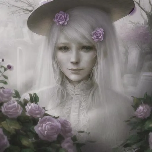 Prompt: close up portrait lady in white ghost walking around tombstones, fantasy, sharp focus, horror, high detail, movie composite, low fog,  wild roses. artstation. colorful