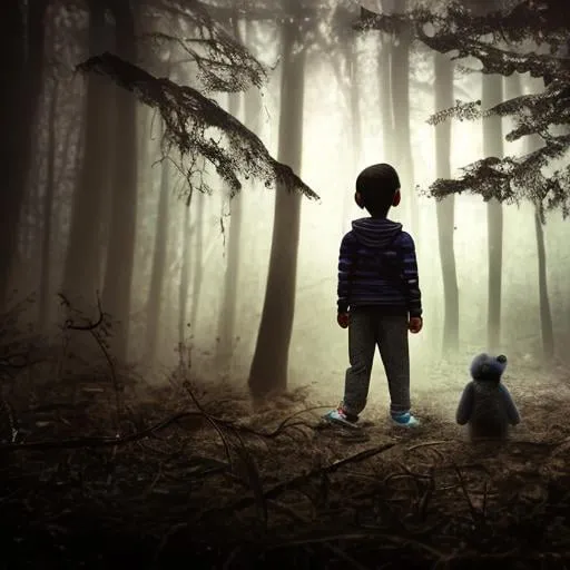 Prompt: in a dense weird deep dark misty forest, focus on a little kid holding a teddy bear.  mist, rain, fog, rays, thunderstorm, low lit, emotional, scary. shadows, thorns, 4k realistic photo