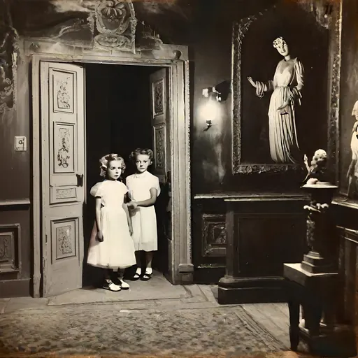 Prompt: vintage photo of a red door in a dark corridor, statues beside the door. large painting on the walls. light only from candles. little girl in white gown 1950. background black. shadows