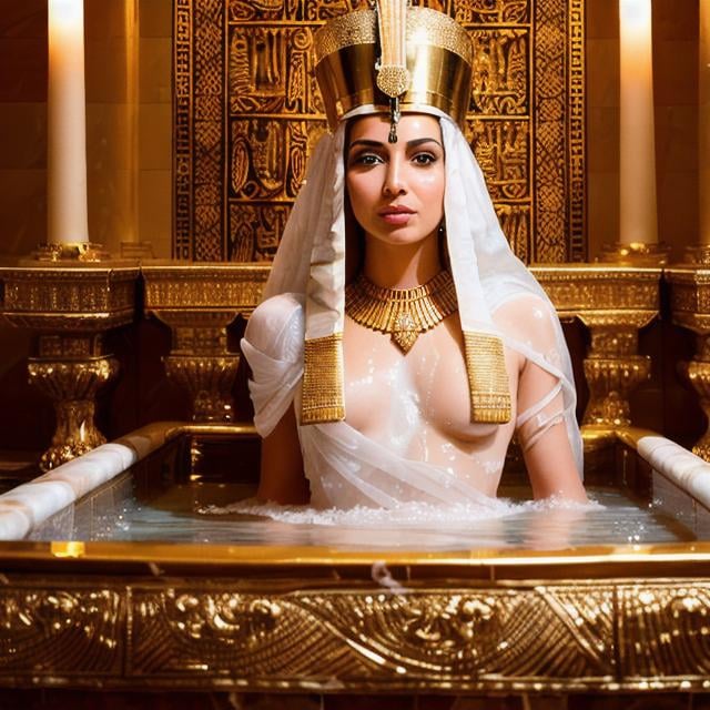 Prompt: Imagine a stunning 4K close up portrait photo capturing pharaoh princess  in a luxurious bath in ancient Egypt. The image showcases an expansive marble bath adorned with intricate carvings and adorned with gold accents. Soft, warm light streams through delicate windows, casting a gentle glow upon the scene.
