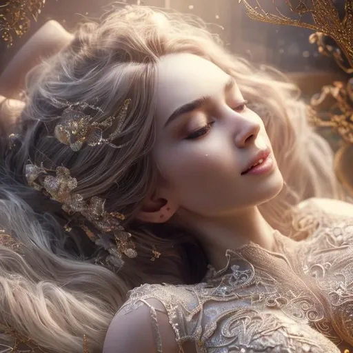 Prompt: beautiful women lying down, full body, long legs, perfect body,

high-resolution cute face, perfect proportions smiling, intricate hyperdetailed hair, light makeup, sparkling, highly detailed, intricate hyperdetailed shining eyes,  

Elegant, ethereal, graceful,

HDR, UHD, high res, 64k, cinematic lighting, special effects, hd octane render, professional photograph, studio lighting, trending on artstation. backlit giving a purple haze