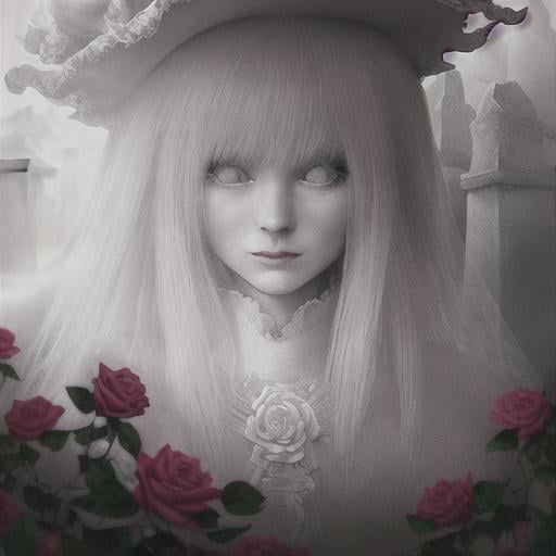 Prompt: close up portrait lady in white ghost walking around tombstones, fantasy, sharp focus, horror, high detail, movie composite, low fog,  wild roses. artstation. colorful