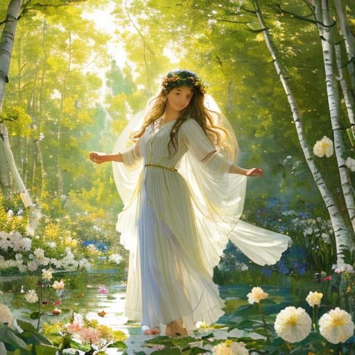 Prompt: full long shot of a midsummers glade where female fairies dances in a circle.   16:9.  wavy hair. wings. transparent white clothes. swedish summer flowers. birch trees.  realistic. sharp details. highly detailed. As art by Joaquín Sorolla, Jean-Honoré Fragonard and Carl Larsson.