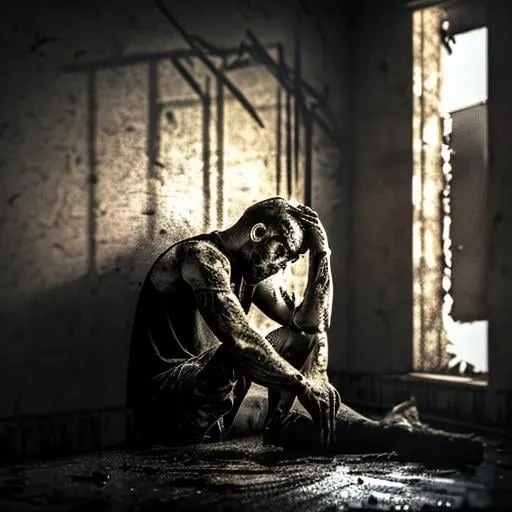 Prompt: man in agony sitting in a dark corner, room is old and burnt, ashes rain down.  lamp on the wall lights up the room.  hyper detailed.  emotional, gritty, darkness, fading, sharp focus.