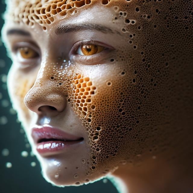 Prompt: portrait of a female with small and thin-layer honeycomb Trypophobia. highly detailed. moist. filth. puss. sharp focus.  4k realistic photo.