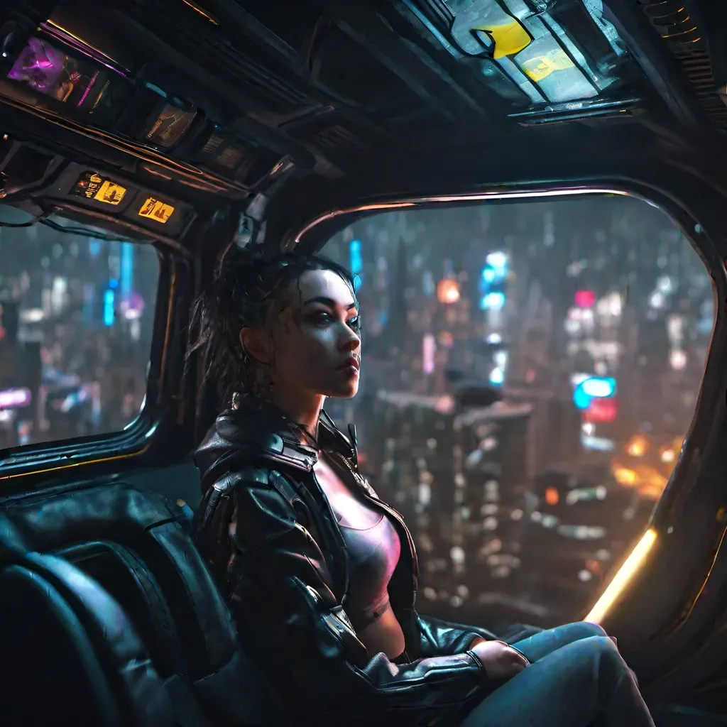 Prompt: cyberpunk girl  inside a hover taxi looking out the window. background dark night cyberpunk city. highly detailed.  4k realistic photo, like Sam Haskins and Robert Mapplethorpe