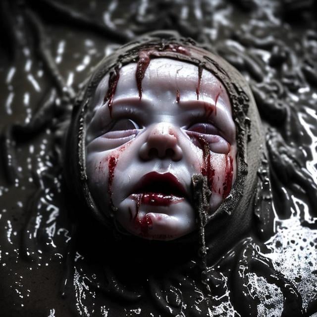 Prompt: dead baby. molting decay. blood. dead baby. dead infant. gore. rotten. alleyway. rigamortis . bacteria. greased. mold. mist. light rain. mud. darkness. horror. low light. peeing. liquid. splash. fog. dark corner.  fetus. newborn baby. placenta. 