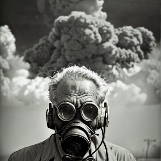 Prompt: atomic bomb explosion, old man, sandstorm, retro, gasmask, poster, survival, high detail, thunderstorm. sharp focus, 4k photos like glen allison and Sam Haskins