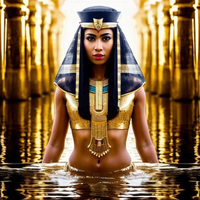 Prompt: Imagine a stunning 4K portrait photo capturing pharaoh princess water reflection
