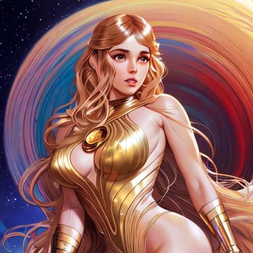 Prompt: barbarella women posing. highly detailed. wavy hair. realistic photo. colorful. 4k art by artgerm and greg rutkowski and alphonse mucha