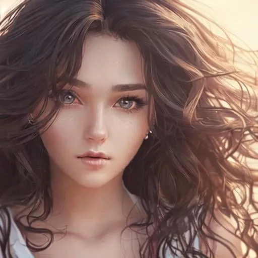 Prompt: close up portrait handsome woman, girl looks at the viewer. hyper detailed. wavy hair. emotional, in love, horney look, lustful, 4k realistic photo