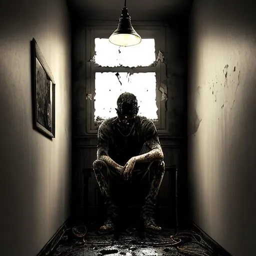 Prompt: man in agony sitting in a dark corner, room is old and burnt, ashes rain down.  lamp on the wall lights up the room.  hyper detailed.  emotional, gritty, darkness, fading, sharp focus.