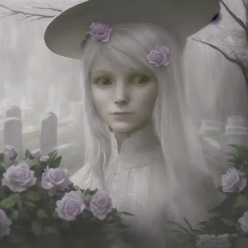 Prompt: close up portrait lady in white ghost walking around tombstones, fantasy, sharp focus, horror, high detail, movie composite, low fog,  wild roses. artstation. colorful oil painting