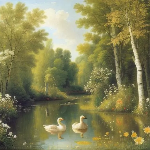 Prompt: midsummer glade with a couple in love.   4k.  wavy hair. transparent white clothes. swedish summer flowers. pond. birch trees.  realistic painting. sharp focus. sharp details. dandelion. 2 ducks. highly detailed. As painting by Jean-Honoré Fragonard.