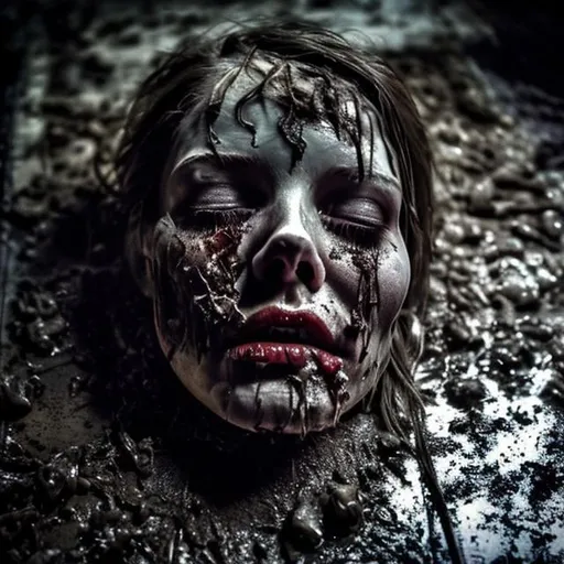 Prompt: close up of a dead women. molting decay. rotten. alleyway. rigamortis . bacteria. greased. mold. mist. light rain. mud. darkness. horror. low light. fog. dark corner. 